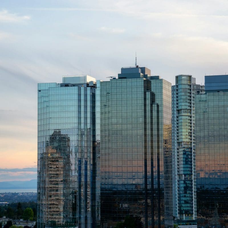 Aerial view of commercial and residential buildings